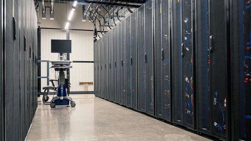An aisle of server cabinets in a data centre