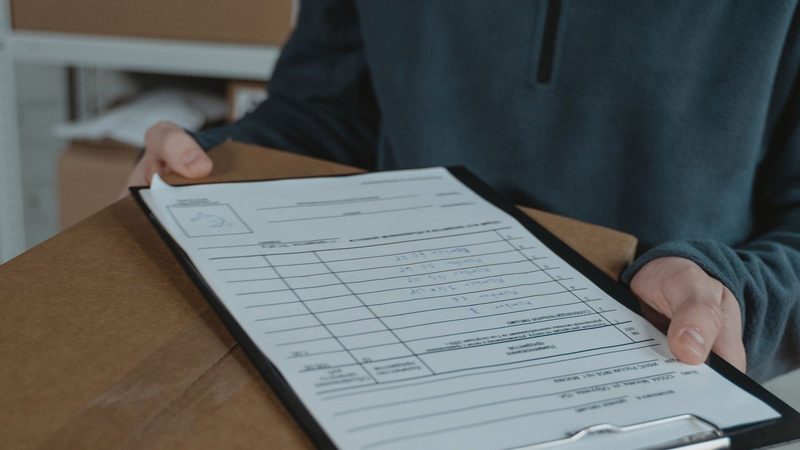 Warehouse worker holding a goods receipt form on a clipboard above a sealed carton