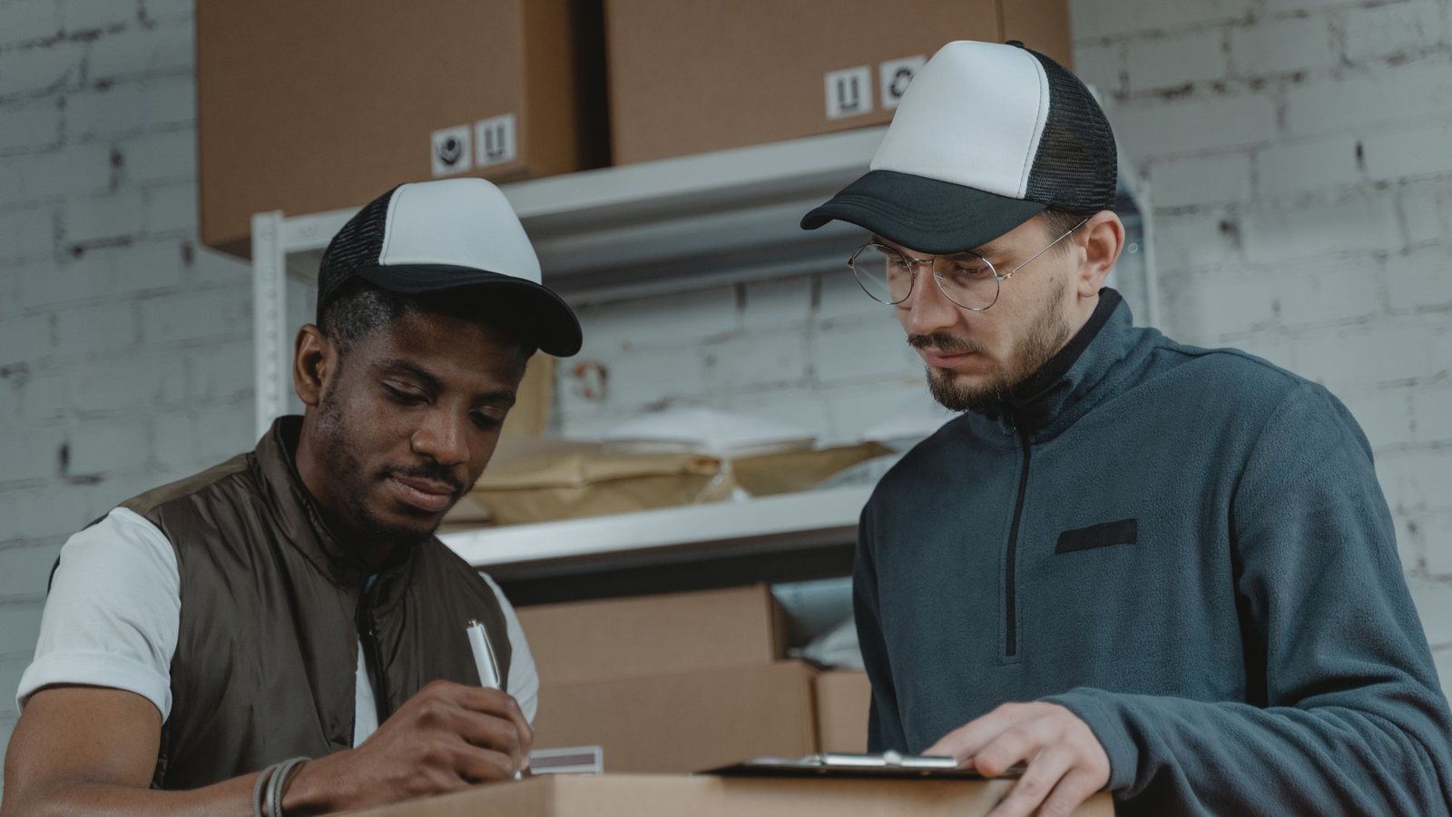 Two warehouse workers checking a delivery against a clipboard on a cardboard box